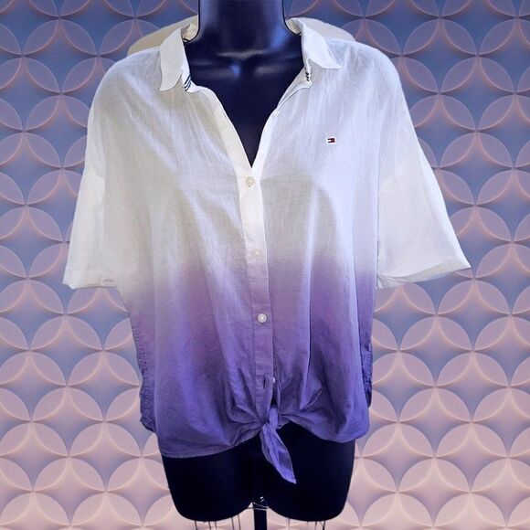 Tommy Hilfiger womens gradient white purple button tie waist shirt - Picture 1 of 4
